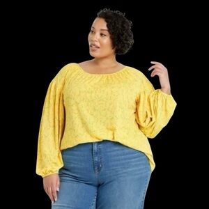 Ava‎ & Viv Romantic Poet Sleeves Yellow Floral Pullover Blouse Women Size X #165